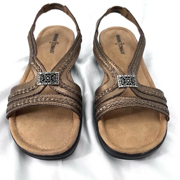 Minnetonka Galina Metallic Bronze Leather Slingback Sandals Womens 8 - Picture 2 of 6